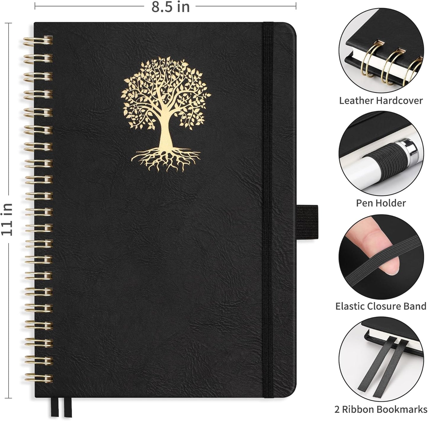 RETTACY Spiral Journal Notebook, 110 Numbered Pages, A4 Large Size (8.5'' x 11''), for Men & Women, Journaling, Writing, Work & Office, Leather Hardcover, 100 GSM Thick Paper (Black)