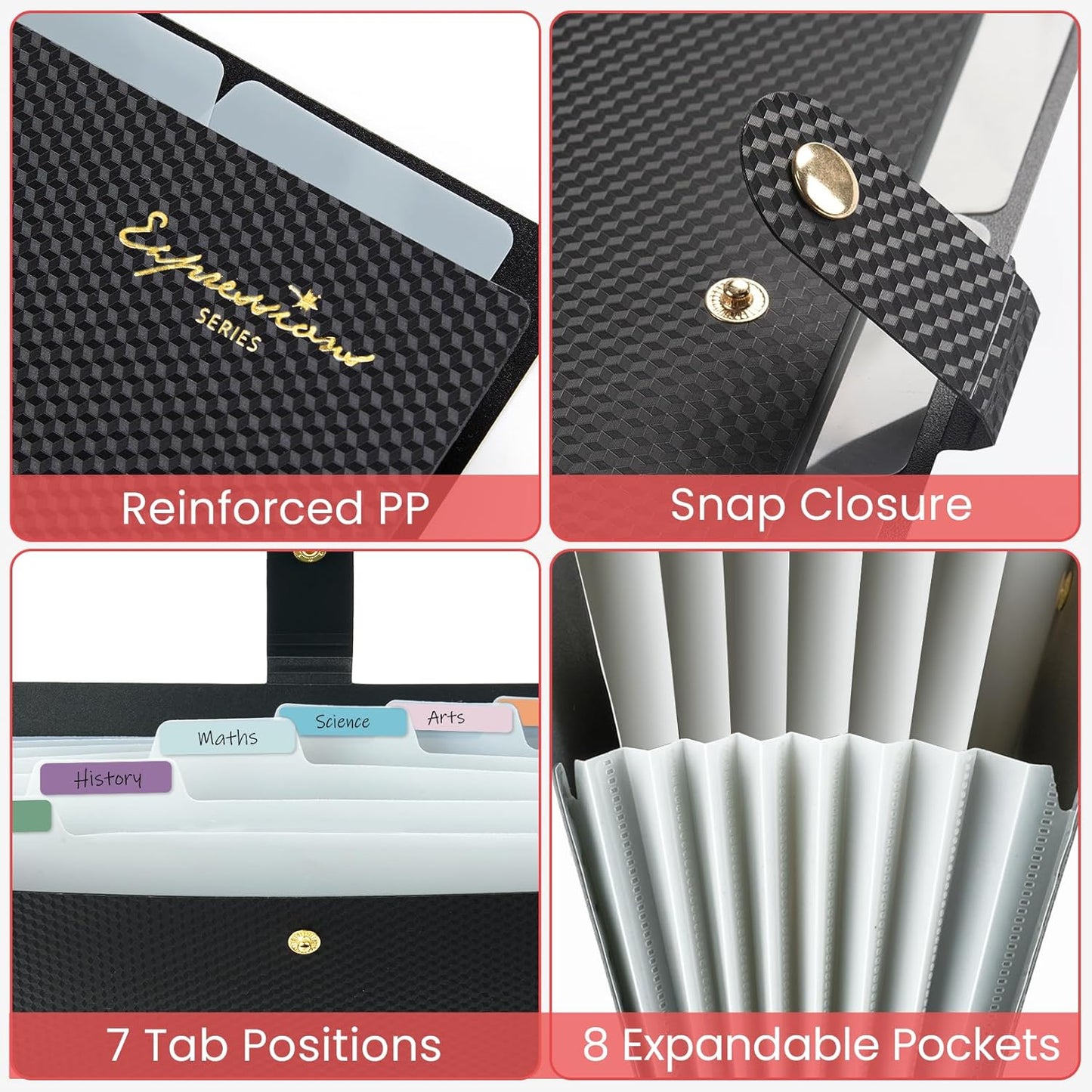 Sooez Accordion File Organizer, 8 Pocket Expanding File Folder with Labels, Letter Size Folders for Documents, Portable Paper Bill Receipt Organizer for Home School Office Supplies, Black