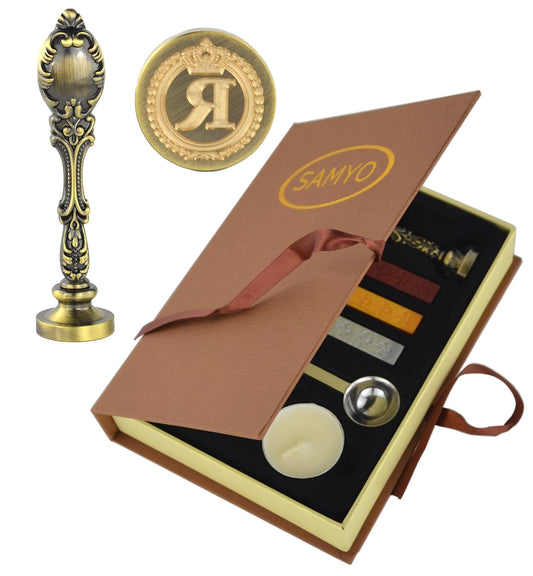 Samyo Creative Romantic Stamp Maker Classic Old-Fashioned Style Brass Color Wax Seal Sealing Stamp Vintage Antique Alphabet Initial Letter Set - (Letter R)