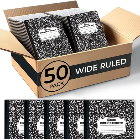 50 Pack Composition Notebooks Bulk Wide Ruled, 200 Pages (100 Sheets), 9-3/4 x 7-1/2, Hard Cover, Bulk Black Marble Composition Notebook, Bulk Office Notebooks, Bulk Notebooks School Supplies