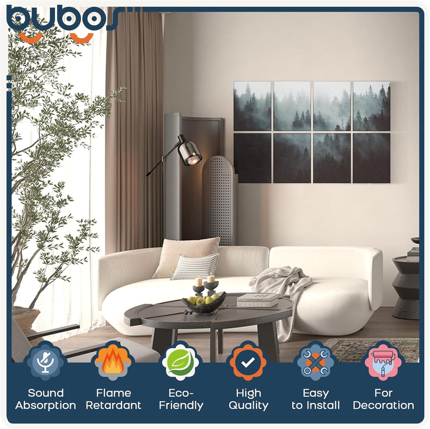 BUBOS 8 Pack Art Acoustic Panels Soundproof Wall Panel,47.2X31.4 Inches Sound Absorbing Panel,Self-adhesive Decorative Acoustical Wall Panels, Acoustic Treatment for Ceiling Home Office（Fog Forest）