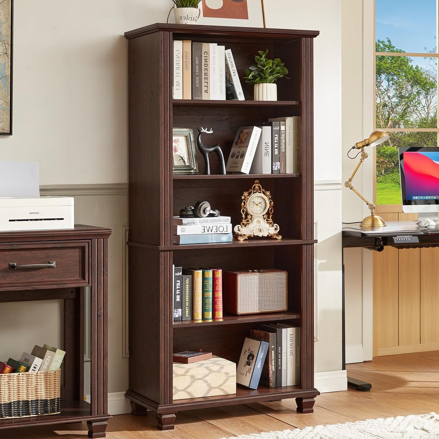 70" Tall Walnut Bookshelf,5 Tier Wooden Book Shelf with Adjustable Shelves & Wood Legs,Free Standing Farmhouse Bookcase with Open Display Storage,Vintage Bookshelves for Classroom, Office