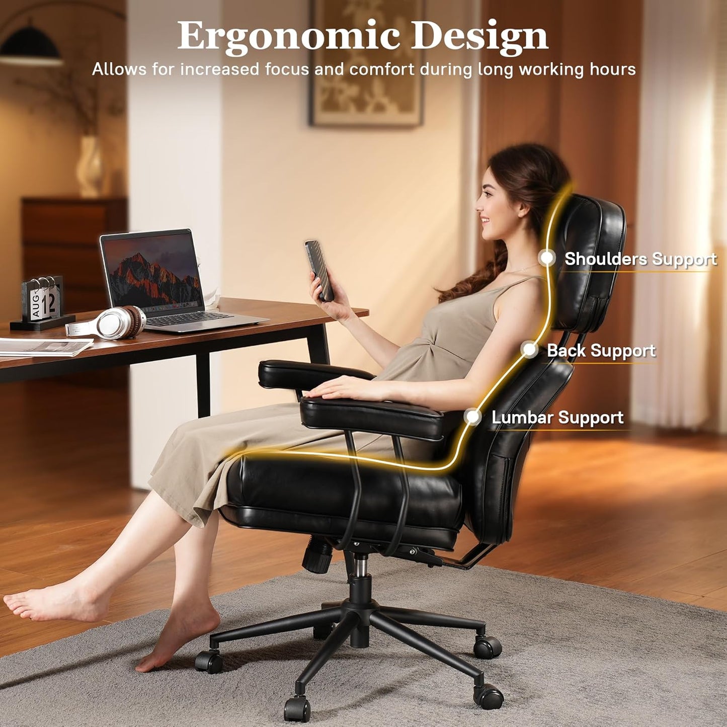 Mid Century Modren Big and Tall Office Chair,Large Ergonomic Executive Chair for Heavy Duty People, Computer Desk Task Chair with Wheels, Faux Lether Fabric Wide Chair for Home Sturdy,Black
