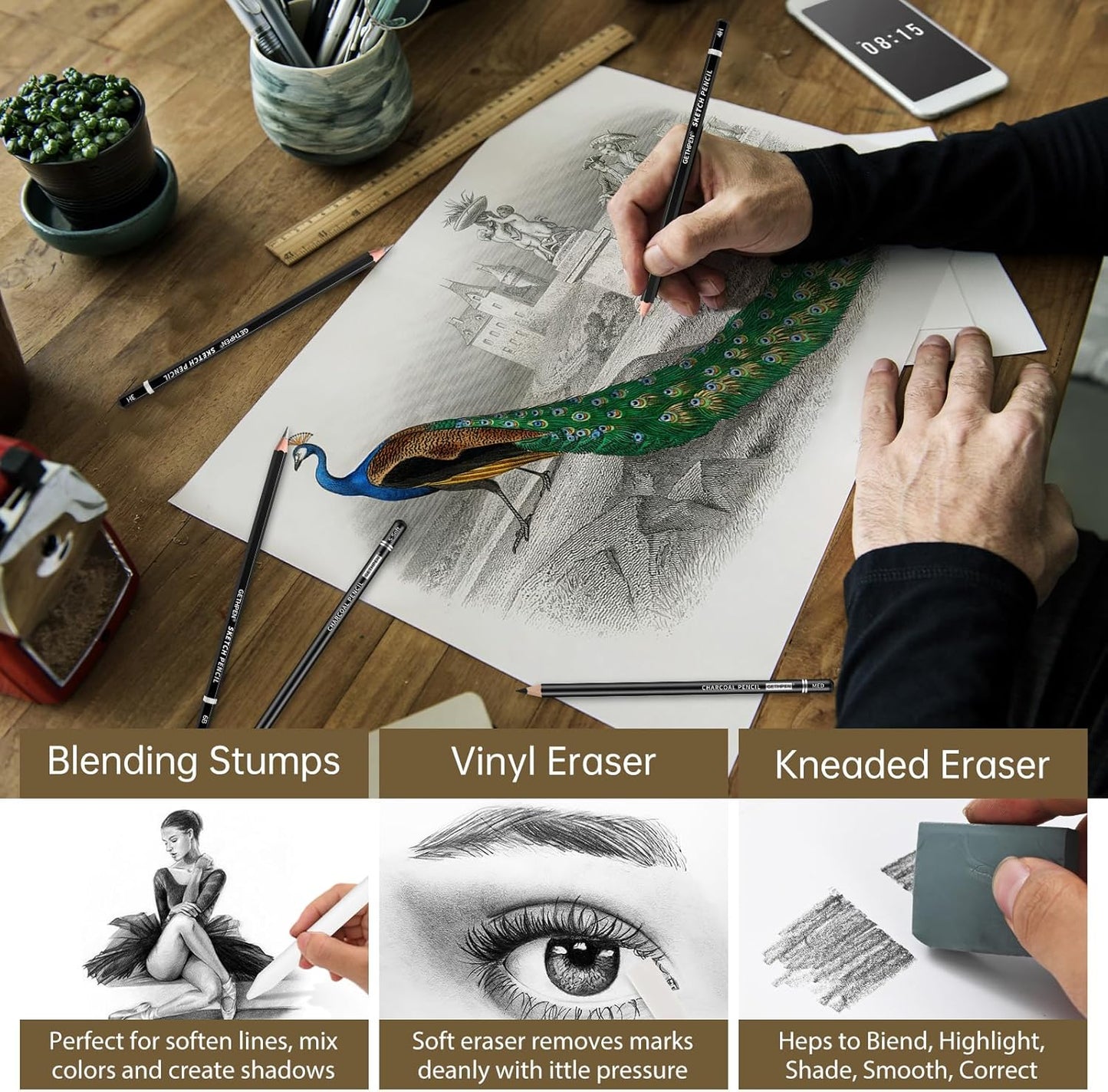 Drawing Sketching Pencil Set, 24 Piece Pro Artist Sketch Kit - Graphite Pencils (12B-4H),Charcoal Pencils for Drawing,Black and White Charcoal Pencils,Charcoal Sticks,Stumps,Eraser,Sharpeners