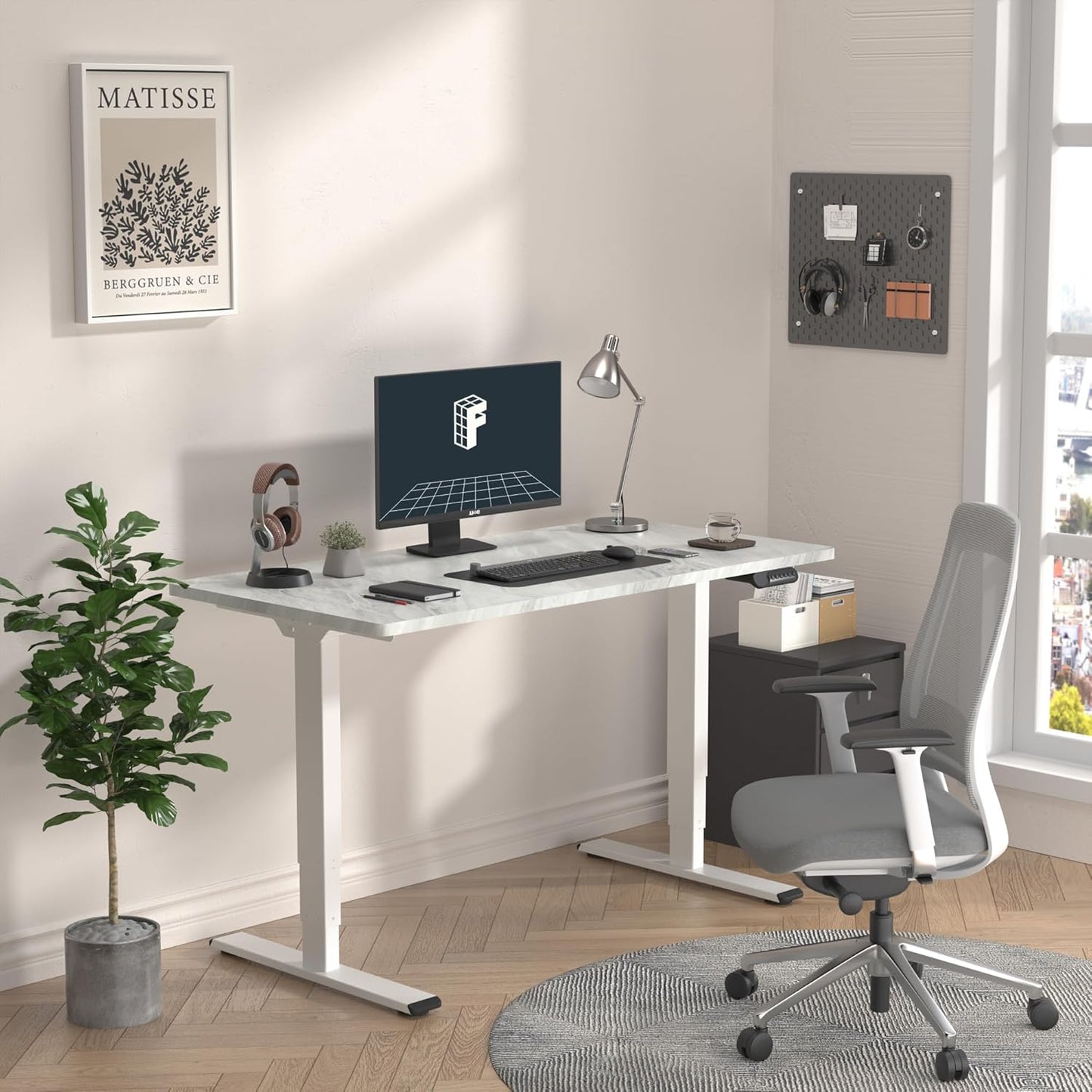 FLEXISPOT E6 Essential 3 Stages Dual Motor Electric Standing Desk 55x28 Inch Whole-Piece Board Height Adjustable Electric Sit Stand Desk（White Frame + Grey Wood Grain Desktop, 2 Packages）