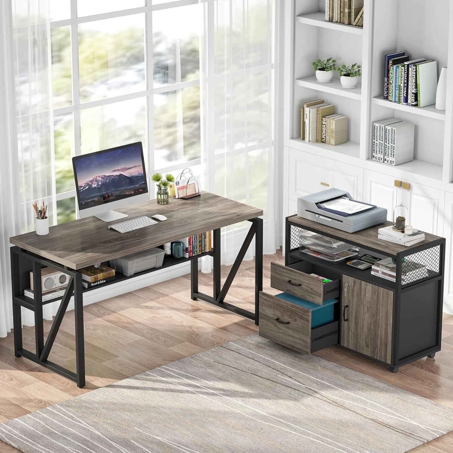 Tribesigns L Shaped Desk with Drawer Cabinet, 55" Executive Computer Desk and lateral File Cabinet, 2 Piece Home Office Furniture with Drawers for Hanging File, Doors with Locks (Gray, 55 inches)