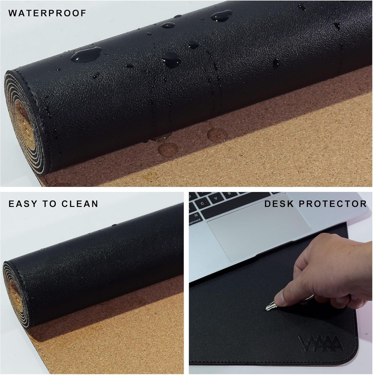 Vyaaa Cork & Leather Desk Mat, 55" x 15.7" Dual Sided Leather Desk Pad, Waterproof Extra Large Desk Mat, Large Mouse Pad，Desk Mats on top of Desks for Home or Office (Black)