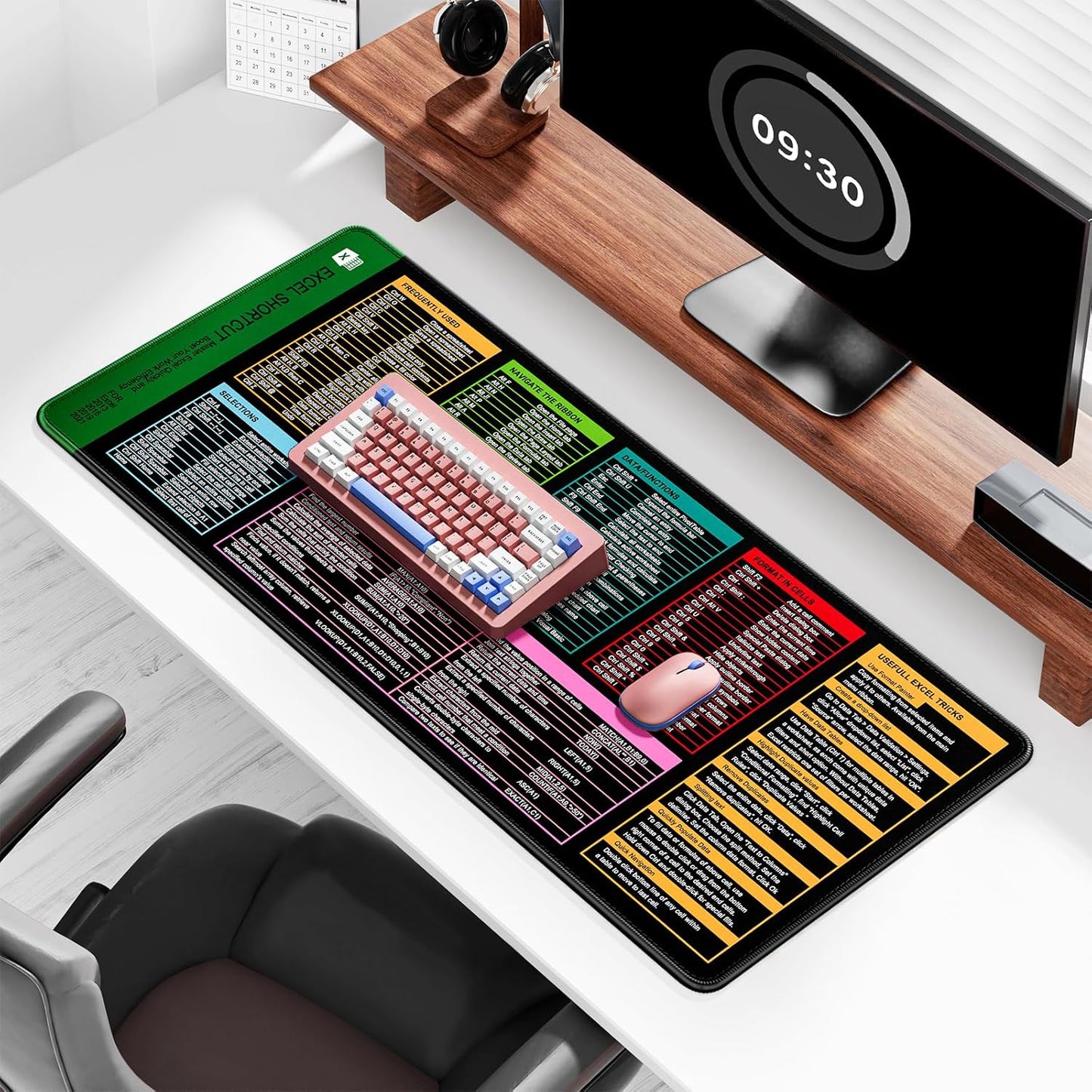 Auhoahsil Large Mouse Pad, XXL Gaming Mousepad, Desk Mat for Desktop, Thick Rubber, Big & Long Size, Stitched Edges, Full Desk Pad for Laptop & Computer, Extended 31.5 x 11.8 in, Excel Shortcut Keys