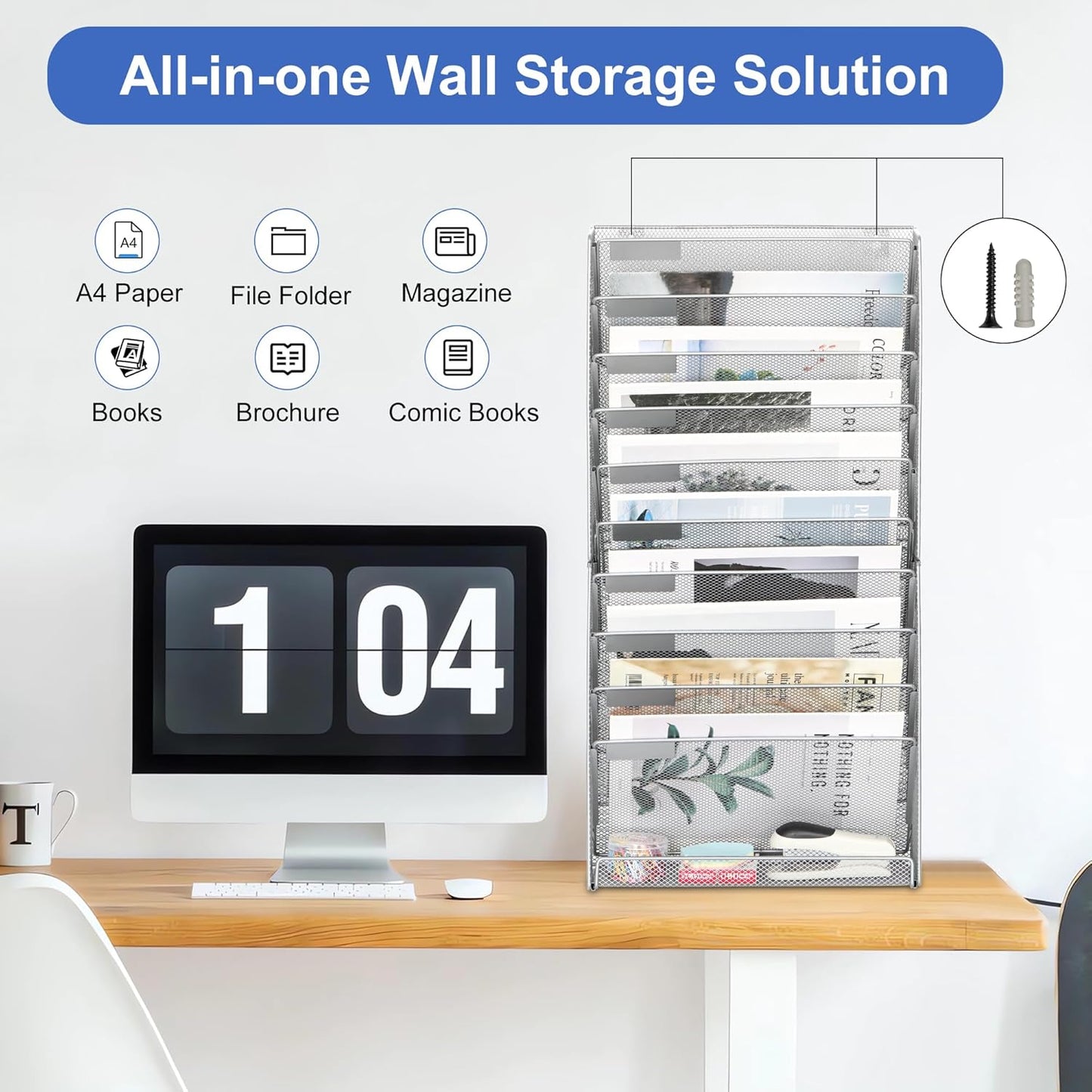 EasyPAG 11 Tier Wall File Holder with Flat Tray, Silver | Easy Assemble Mesh Desk File Organizer | 10-Folder Paper Storage | Replaceable Classify Labels | Space Saving Mail Organizer for Office Home