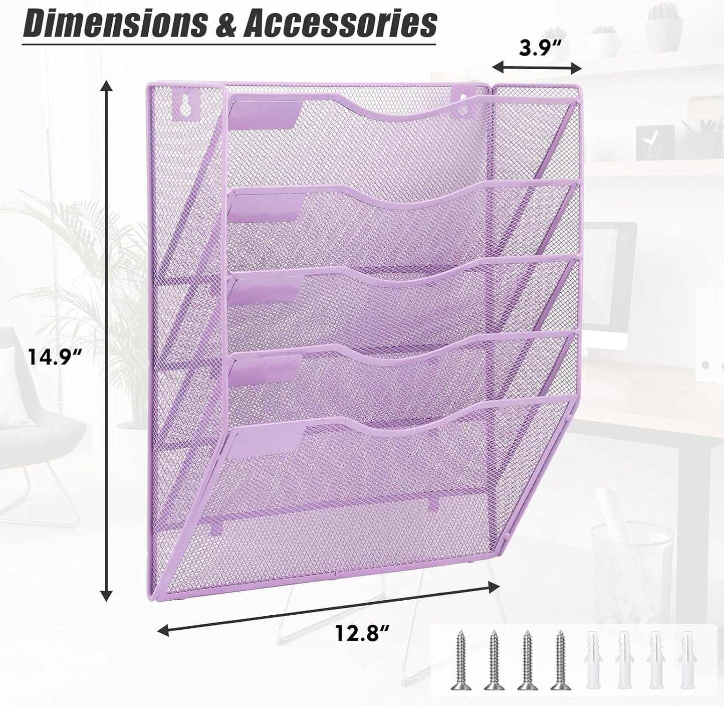 EASEPRES 5 Pocket Mesh Hanging Wall File Organizer, Wall Mounted Mail Paper Document Folder Holder, Clipboard Storage Organization Magazine Rack with Nametag Label for Office Home School, Light Purple