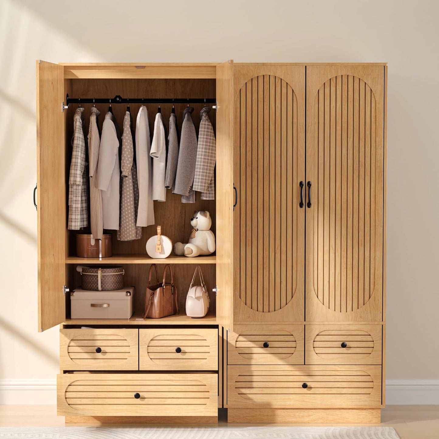 Wood Armoire Wardrobe Closet with Doors, Fluted Wardrobe Cabinet with 3 Drawers, Large Armoire Closet, Tall Clothing Storage Cabinet with Hanging Rod and Shelves, for Bedroom, Laundry, Natural