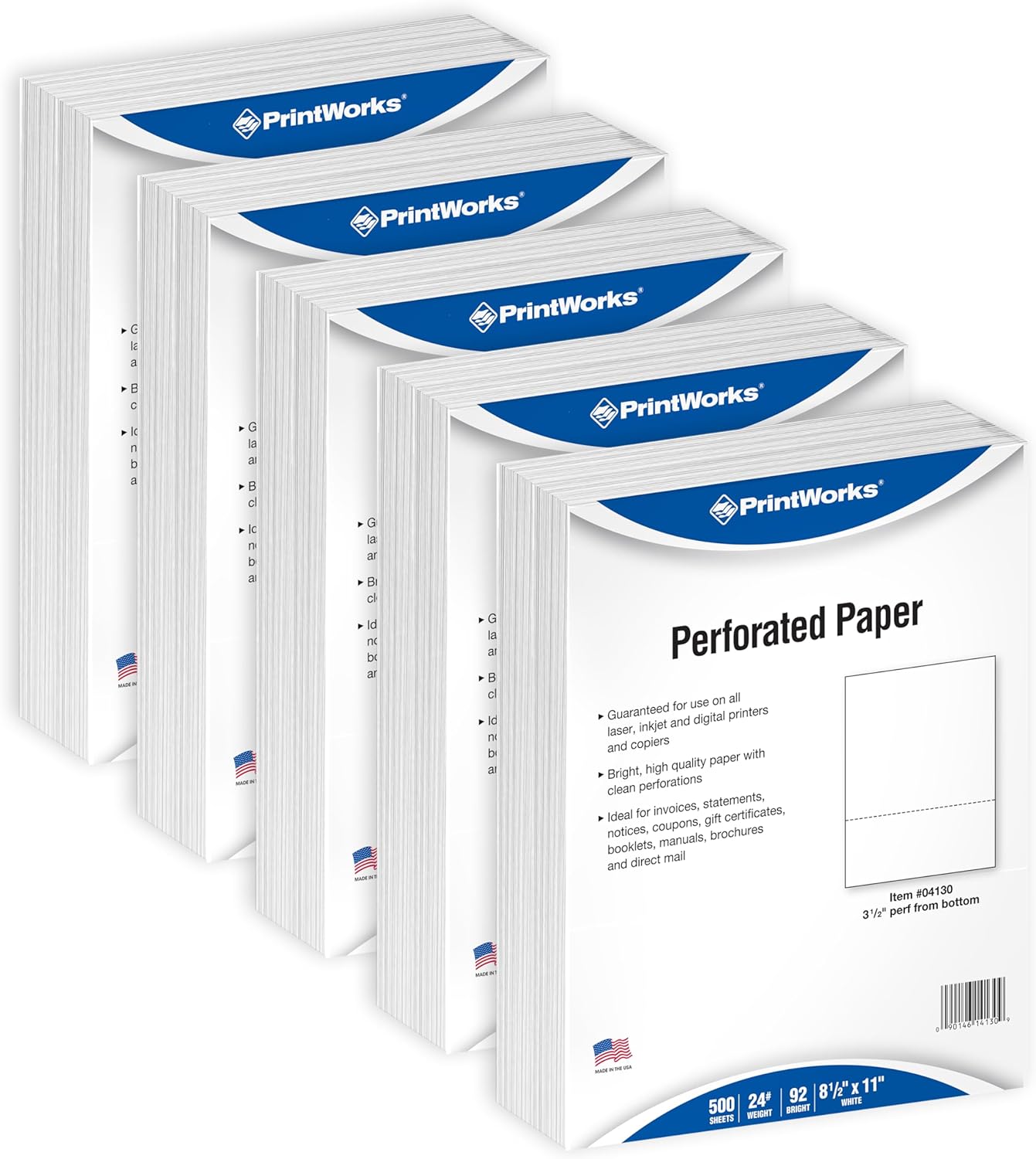 PrintWorks Professional 3 1/2" Horizontal Perforated Paper 8.5” x 11” - Perfect For W-2, 1099, & Statement Use - Made in the USA - 2500 Sheets - 24 lb - Printer Compatible - White (04130C)