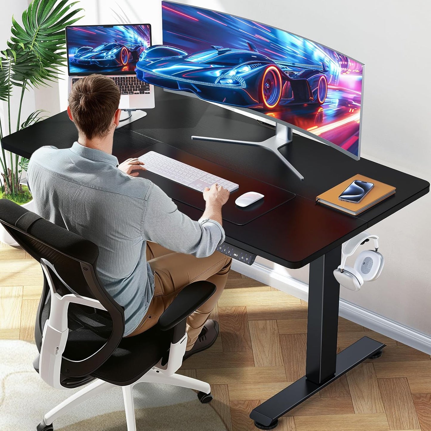 Veken Standing Desk Electric 47.2 Inch, Height Adjustable Sit Stand Up, Wood Desktop, Work Home Office Computer PC Table, Tall Standup Workstation, Gaming Writing Study Bedroom Rising Desks, Black