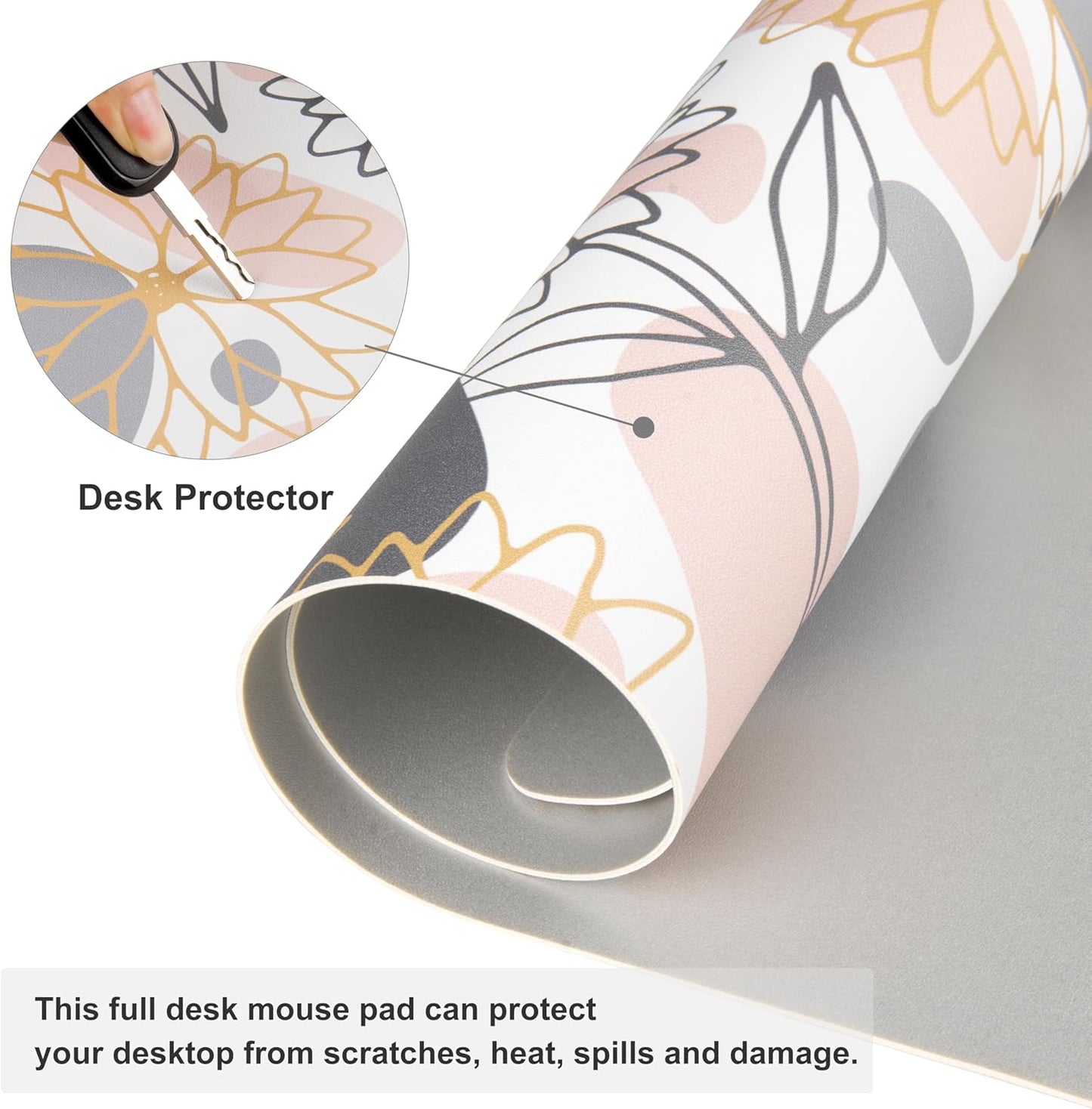 QiyI Large Mouse Pad, Extended Desk Mat for Desktop, PU Leather Waterproof Gaming Mousepad, Computer Desk Accessories Protector Writing Pads for School Office Home 31.5" x 15.7" - Line Art Flowers