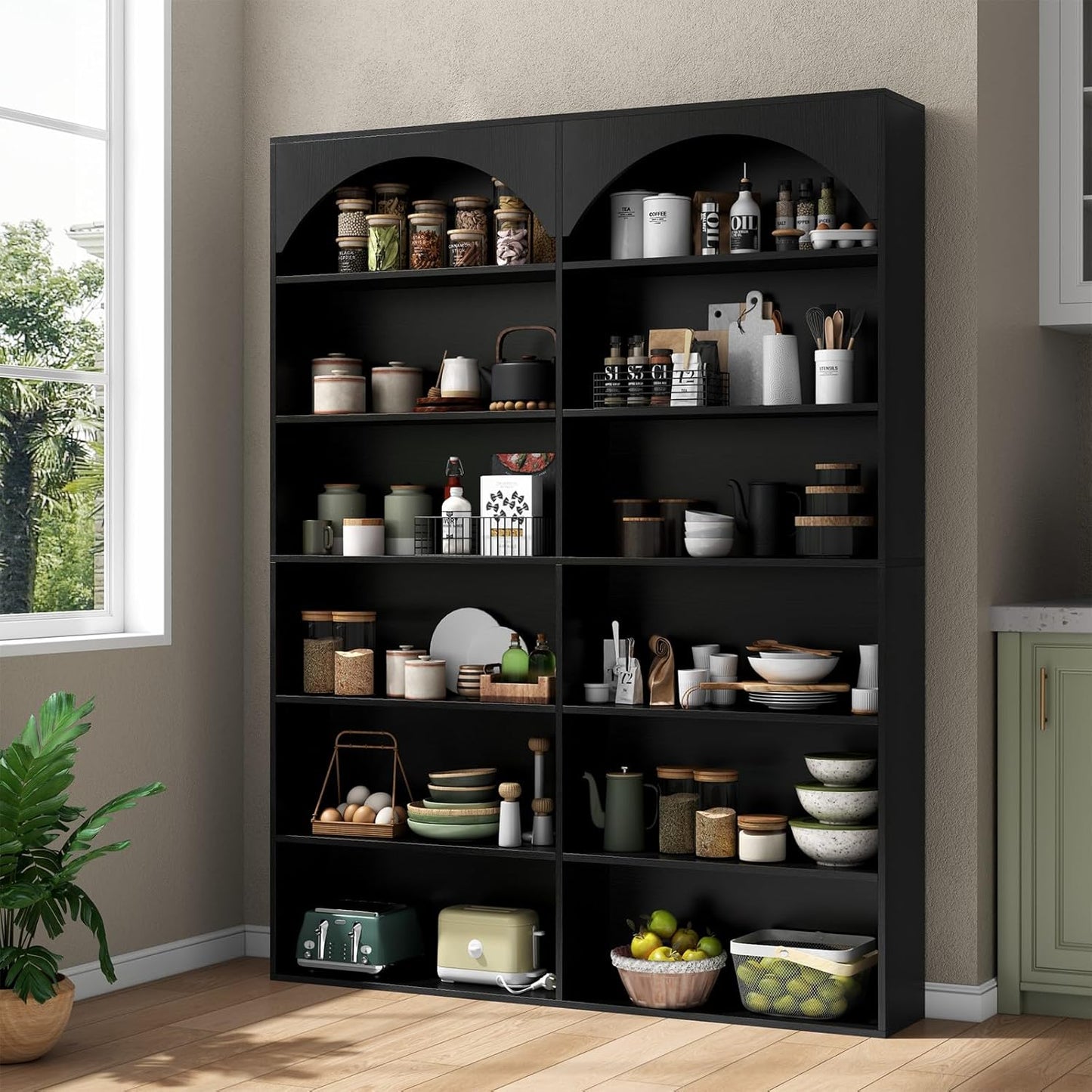 70.8’’ Tall Bookshelf and Bookcase of 2 pcs, 7-Tier Double Wide Bookcase Modern Large Open Display Shelves with Curved Baffle for Home Office Living Room (Black-2pcs)