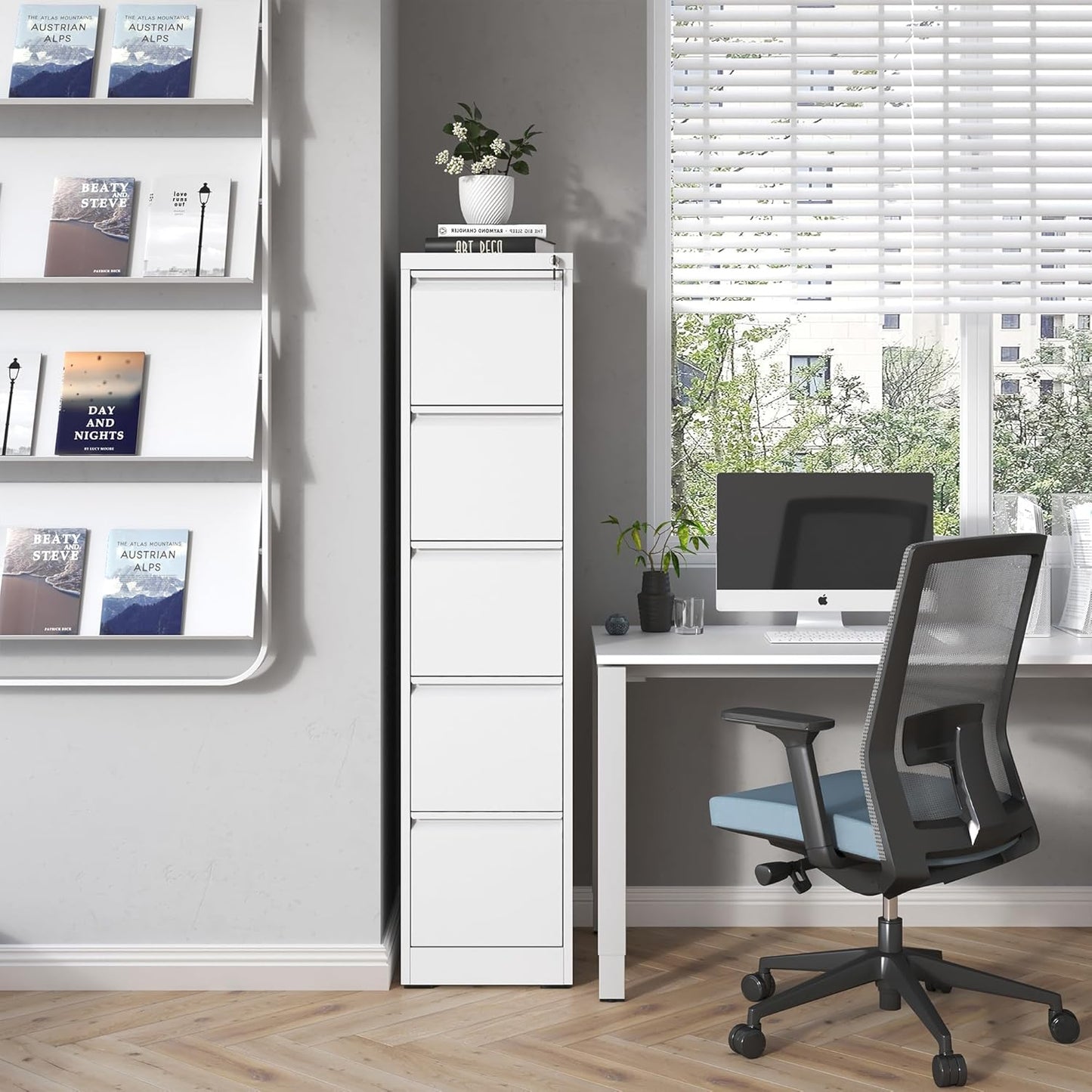 5 Drawer File Cabinet with Lock, Metal Vertical Filing Cabinets for Home Office, Steel Storage Cabinet for Hanging Legal/Letter Size Files, Assembly Required (White)