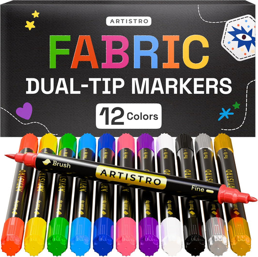 ARTISTRO 12 Dual-Tip Fabric Markers - Fabric Decorating Kit - Permanent for Clothes - No Bleed Pens for T-Shirts, Bags, Textile, Canvas, and More (Brush Tip and Fine Tip)