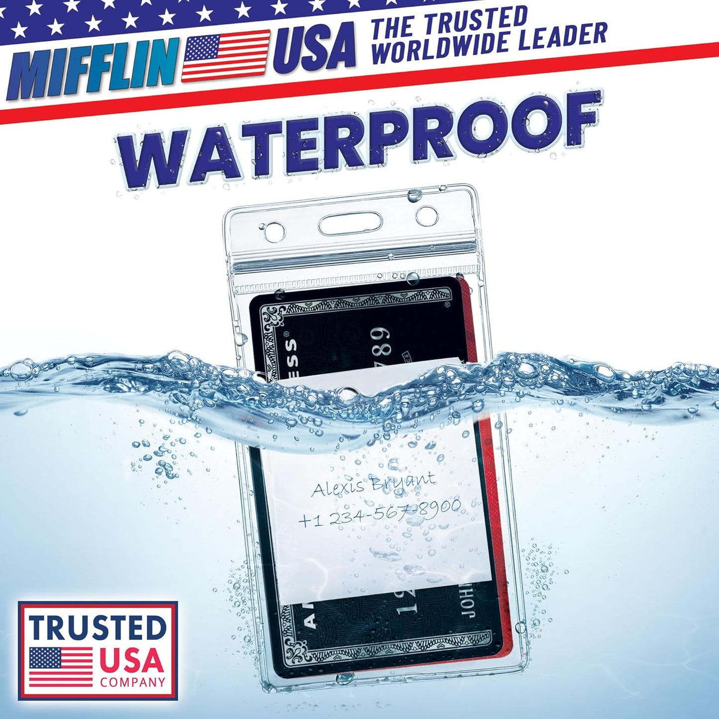 Mifflin-USA Plastic Waterproof ID Badge Holders (Clear, 2.25x3.5 Inch, 50 Pack), Vertical Hanging Name Card Holder with Zipper, Resealable Bulk Nametag Holders