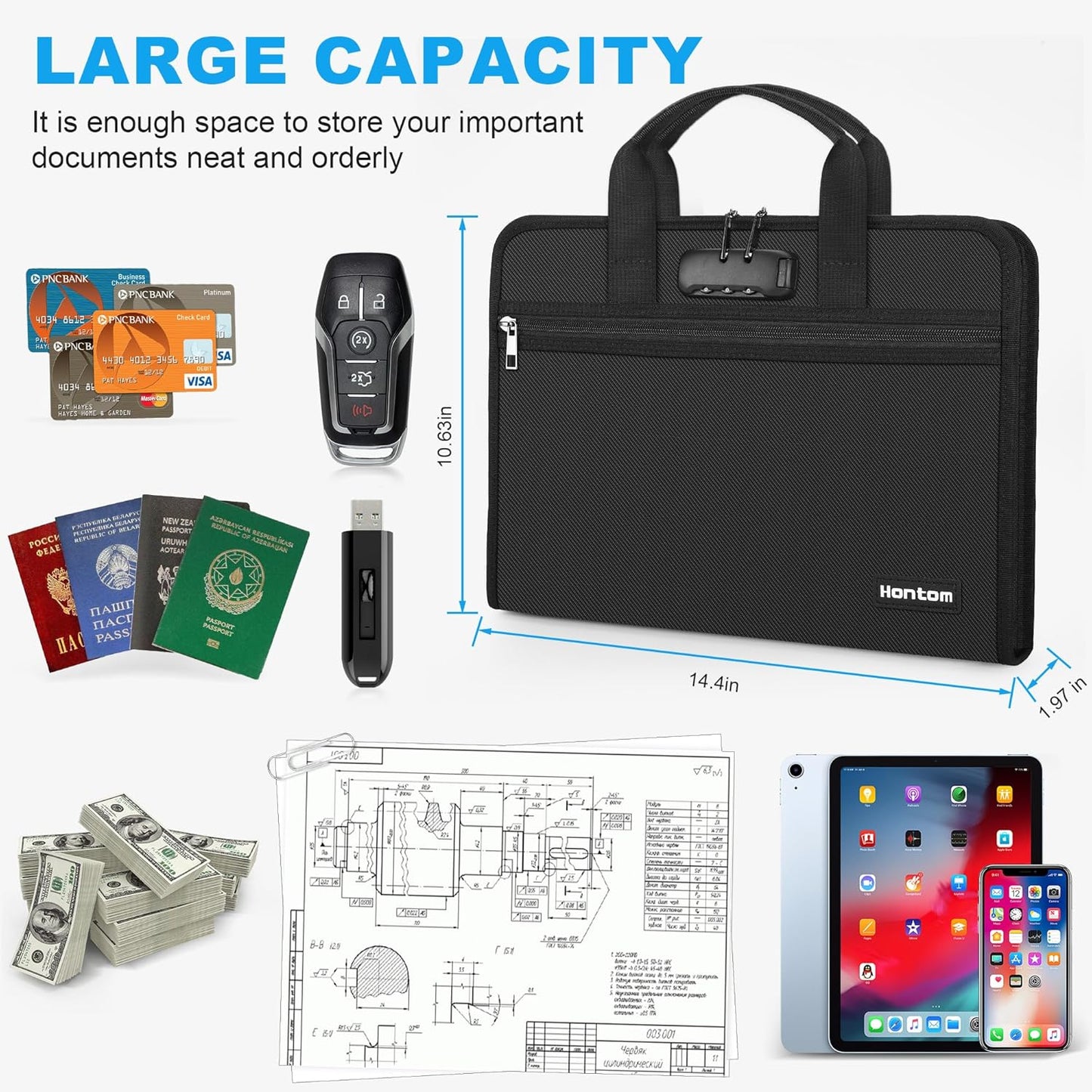 Hontom Fireproof Accordion File Organizer with Lock, 13 Pockets Expanding File Folder with Handle, Portable Business Document Organizer with Secure Storage for Letter A4 Files