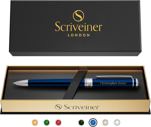 Scriveiner Personalized Midnight Blue Pen - Stunning Blue Lacquer Luxury Pen, Chrome Finish, Schmidt Ink Refill, Best Engraved Ball Point Gift Set for Men & Women, Custom Name Engraving
