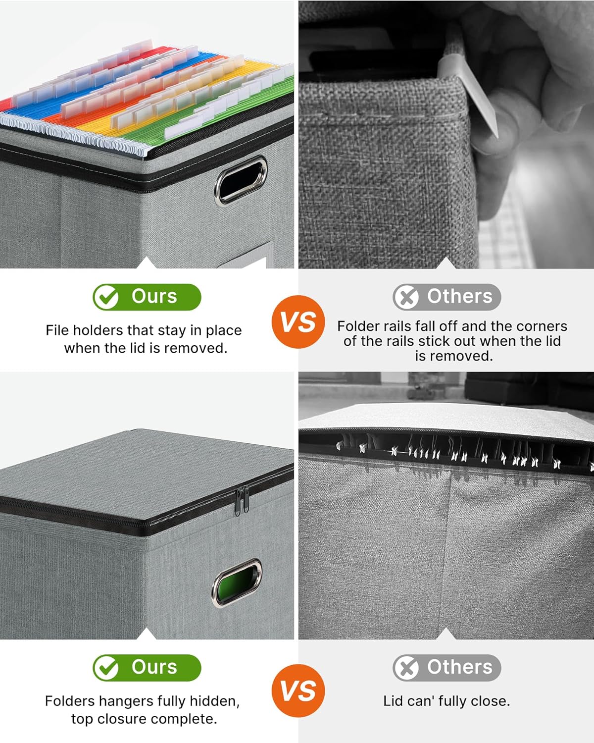 Oterri 2 Pack File Organizer Boxes with Lids, File Box with Mesh Pockets, Document Organizer Box for File Folders Letter Size, Zippers Filing Box for Home, Office, School (Grey, Without Folders)