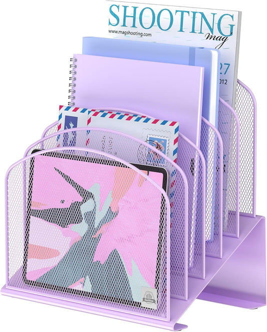 Inclined Desk File Organizer, 5-Section Vertical File Folder Holder Stand Metal Rack File Sorter for Office Classroom Desktop Organization (Purple, 1Pack)