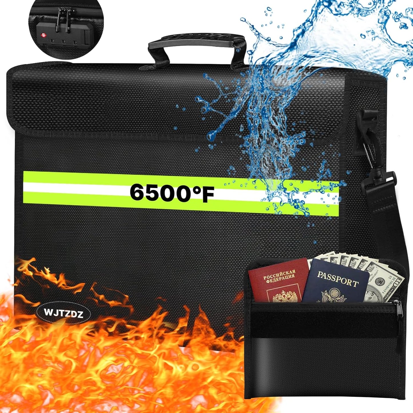 Large Fireproof Money Bags with Lock-6500°F Fireproof Document Box,10 Layers Insulation Materials&Waterproof Zipper,Removable Folder Layers/Wallet,Reflective Strip for Valuables(16.5”x 12.4”x 5.5”)