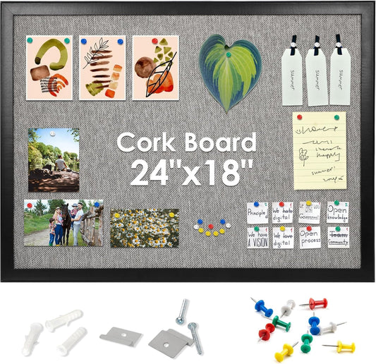 SHANTRA 24 x 18 Inch Bulletin Board with Grey Fabric, Wood Framed Canvas Cork Board, Corkboard for Walls with 10 Pins, Decorative Vision Board, Wall Mounted Notice Board for Home, Office, School
