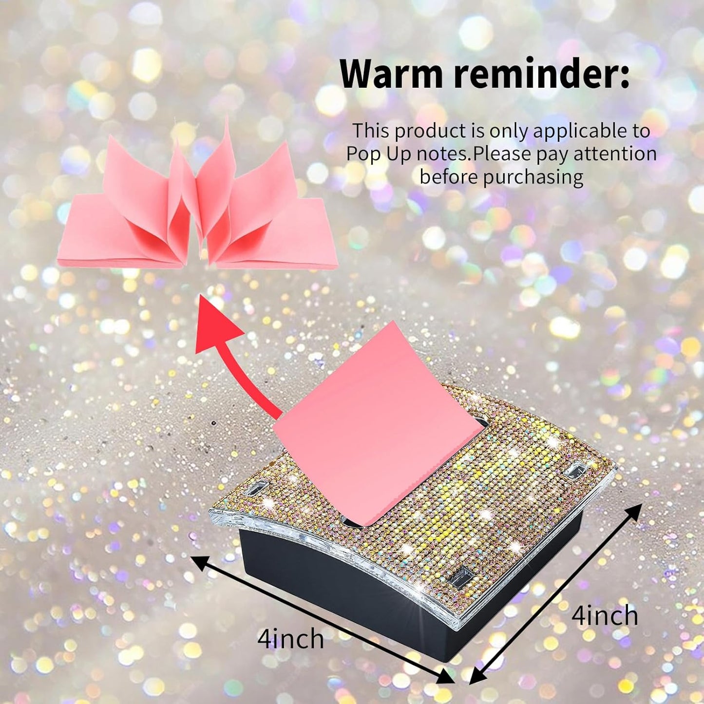 Rhinestone Self Sticky Note Holder Post it Note Dispenser Pop-Up Sticky Notes Dispenser 4 x 4 Inches Post it Dispenser for Desk (Rose Gold)