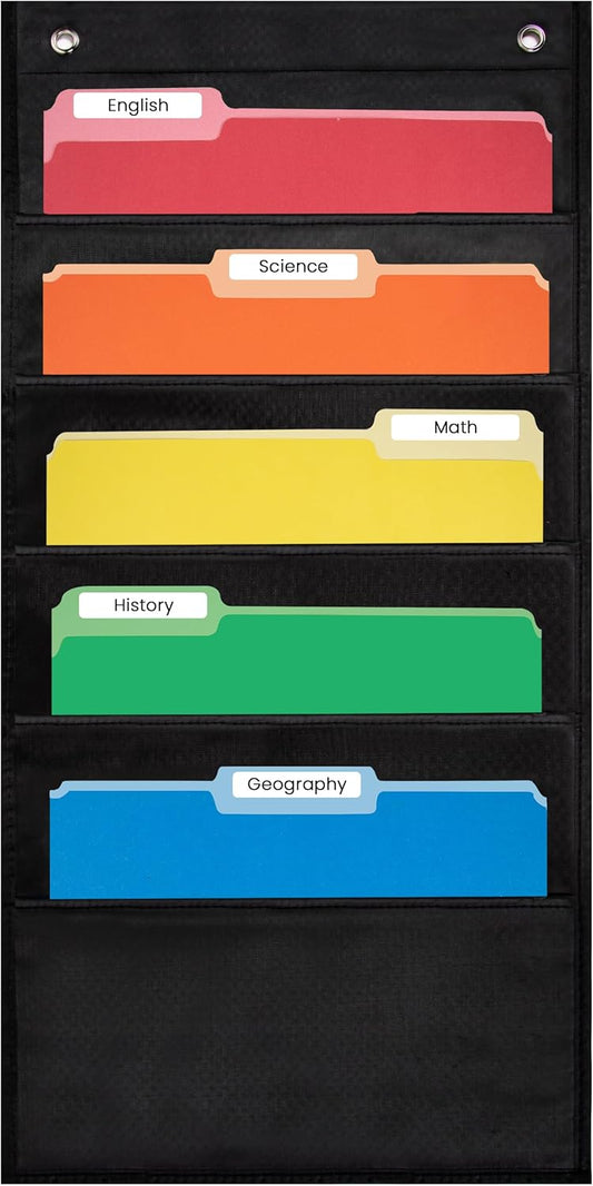 Essex Wares - 5 Pocket File Pocket Chart, Black, 14" Wide x 24" Tall - Versatile Wall Hanging File Folder Organizer for Classroom, Office, Home, and More - Wall Folder Organizer - 5 Pockets