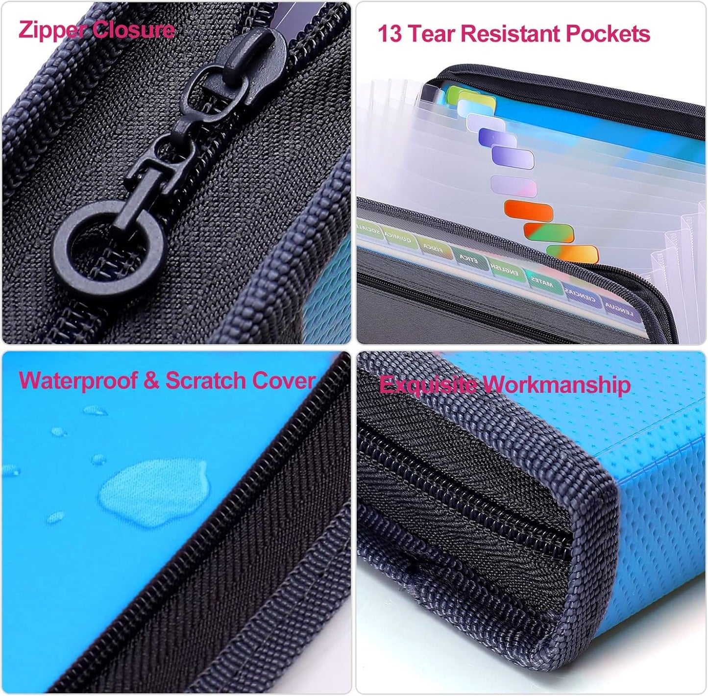 MEGREZ Expanding File Folder with 13 Pockets, A4 Paper File Folder with Zipper Color Labels, Waterproof Accordion File Folder Organizer for Home Office, Blue