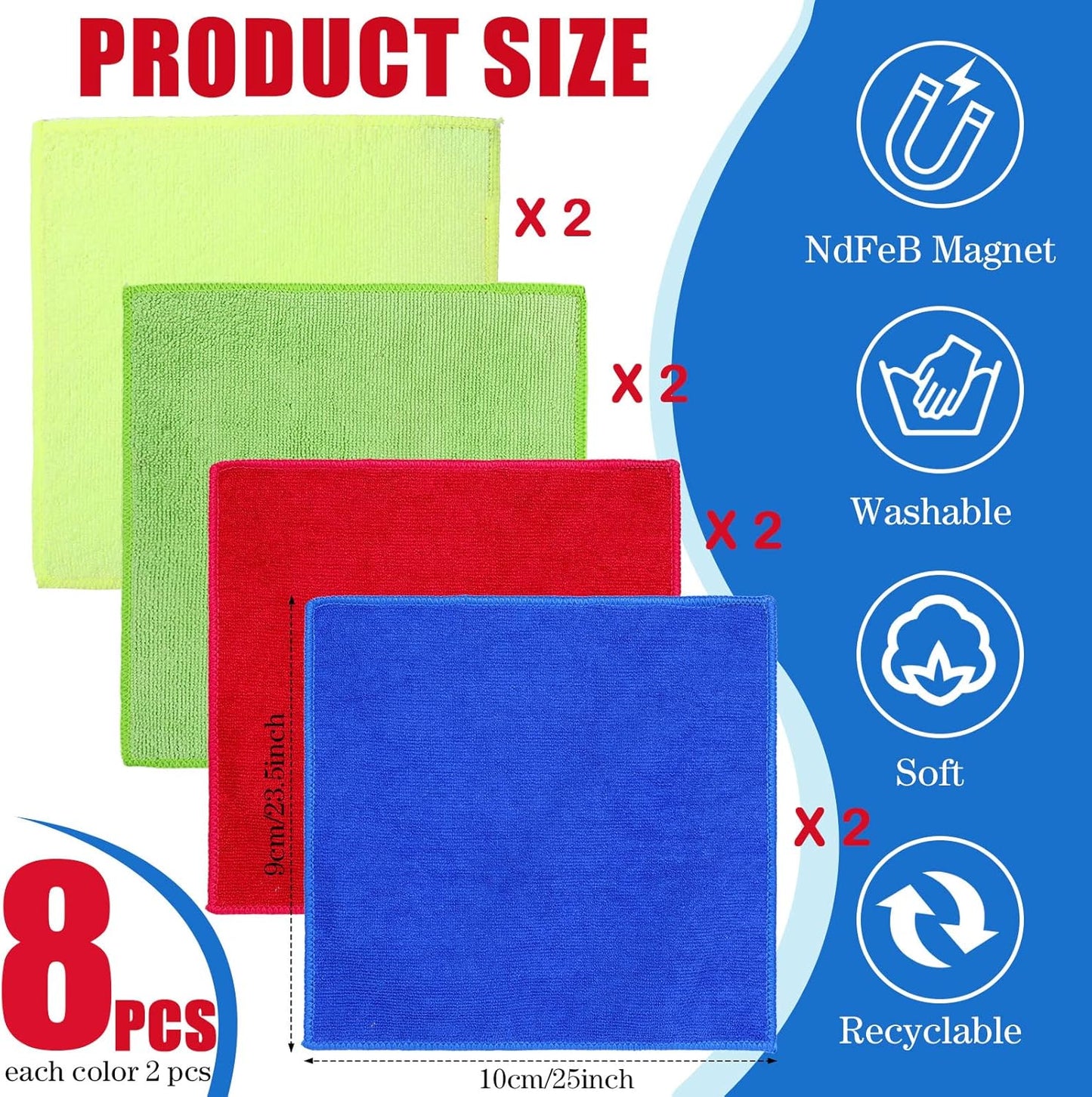 Zopeal 8 Packs Dry Erase Board Cleaning Cloth Microfiber Eraser Magnetic Whiteboard Eraser Washable for Whiteboard Dry Erase Cloth for Home and Office, 10'' x 9. 25''(Multi Colors)