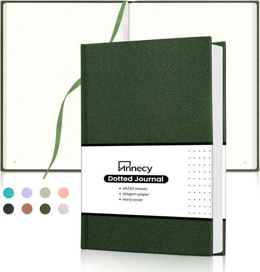 Annecy Numbered Bullet Dotted Journal Notebook, Medium 5.5x 8.25, 160 Pages 100GSM Writing Paper, A5 Deep Green Linen Cover