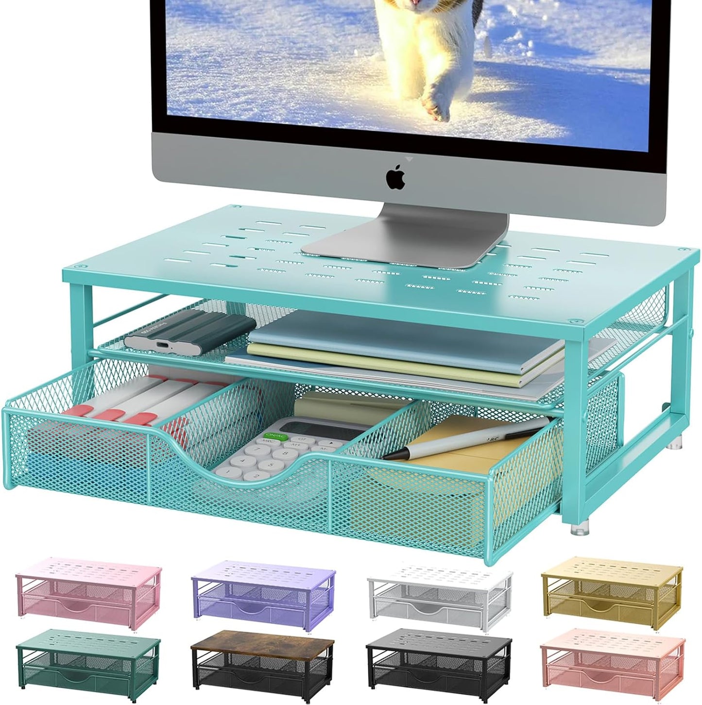 gianotter Computer Monitor Stand Riser, office organizer with Drawer, Office Organizers Storage for Classroom Office Supplies (Blue)