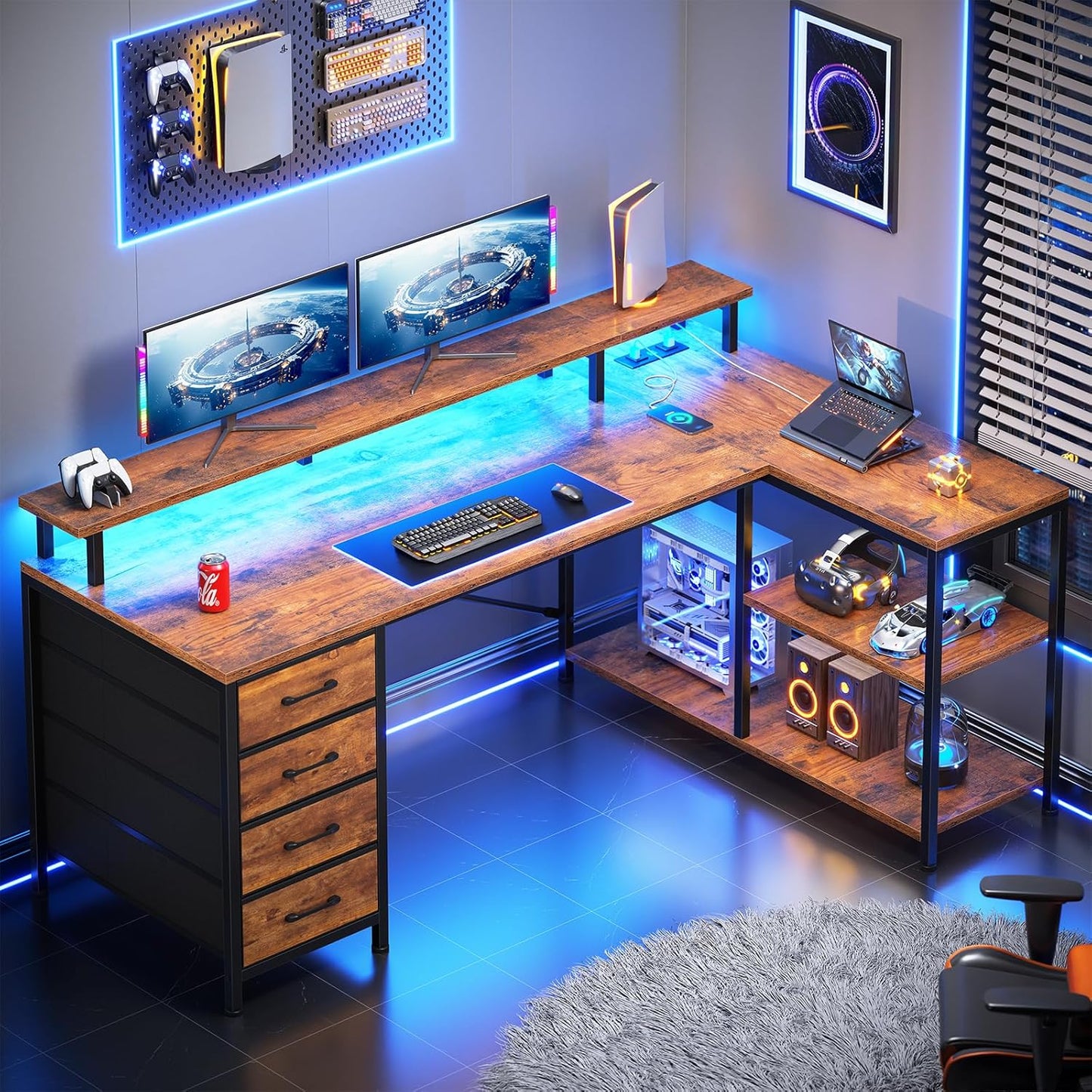 SEDETA L Shaped Desk with 4 Drawers and Storage Shelves, L Shaped Gaming Desk with LED Lights & Power Outlets, Computer Desk with Shelves & Drawer, Corner Desk Home Office Desk, Rustic Brown