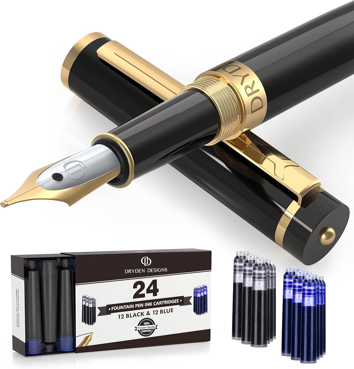 Dryden Designs Fountain Pen Medium Nib Gift Pouch - with 24 Ink Cartridges - MCM (Intense Black)