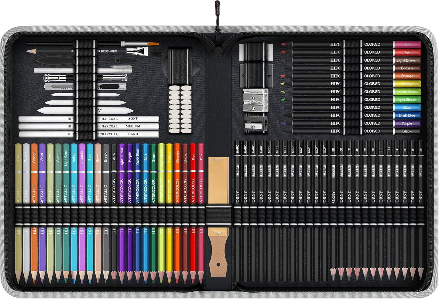 HIFORNY 100 PCS Drawing & Sketching Set, Professional Art Supplies with Graphite,Charcoal, Colored,Watercolor,Metallic Pencils,Blending Tools,Sketchbook and Coloring Book in Zipper Case (Grey)
