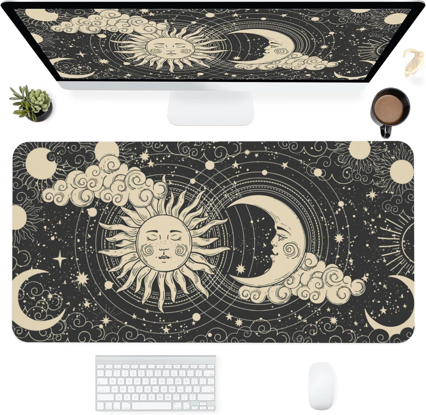 Desk Mat,Celestial Sun and Moon Extended Gaming Mouse Pad for Office Work & Game,Computer Keyboard Mouse Mat Desk Non-Slip Rubber Base Large Mousepad with Stitched Edges, 31.5x15.7inch