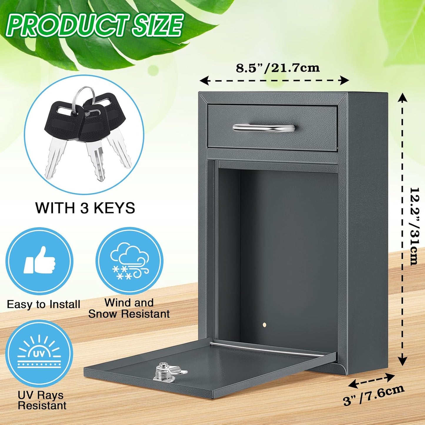 Locking Mailbox with Key for Outdoor 12.2 x 8.5 x 3 Inches Large Wall Mount Mail Box with Lock Security Mail Drop Metal Collection Boxes Hanging Secure Postbox(Dark Gray)