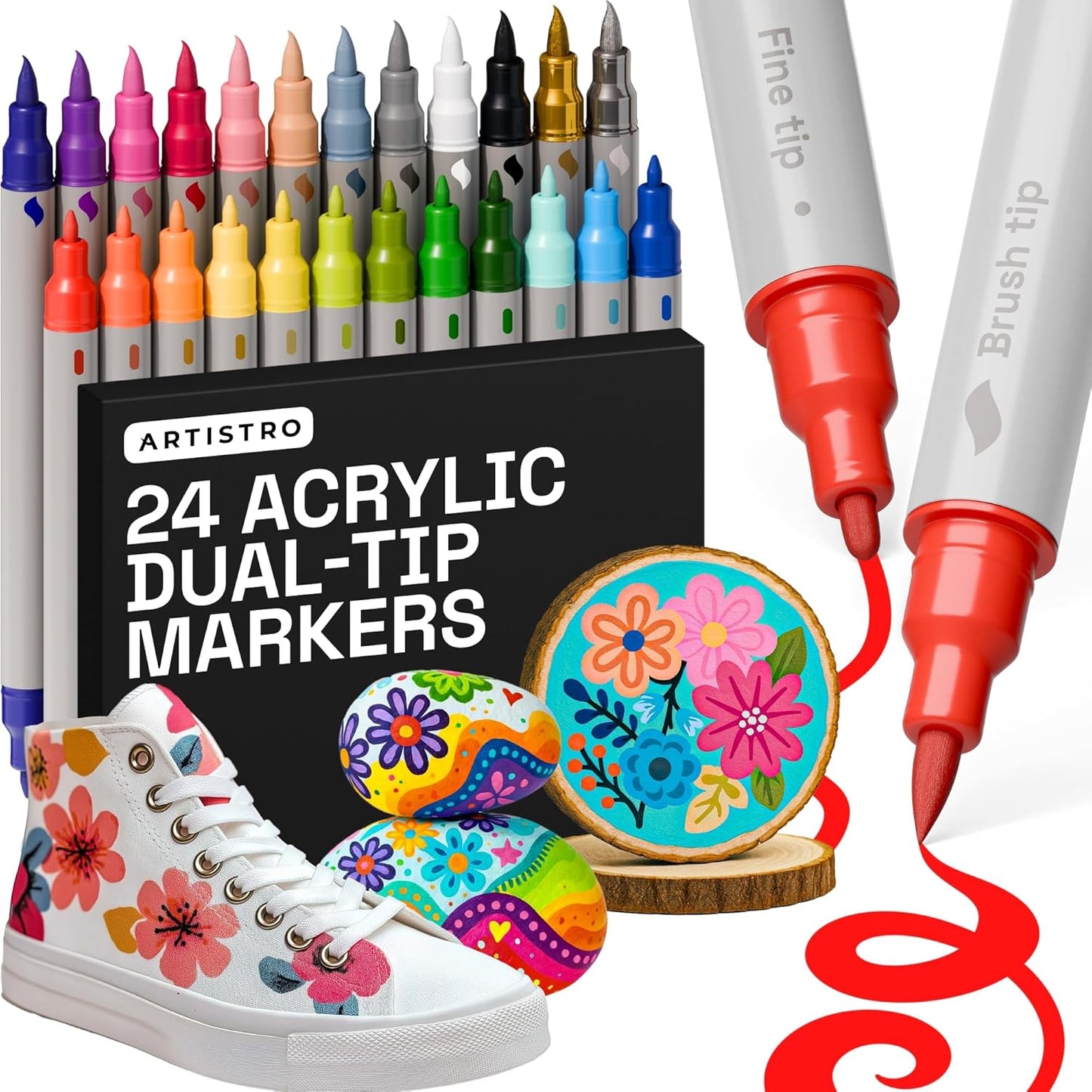 ARTISTRO 24 Dual Tip Fabric Markers - Acrylic Drawing Markers for All Ages & Levels - Fabric Paint Pens for Personalizing Clothes, T Shirts, Bags, Canvas, Textiles (Brush + Fine)