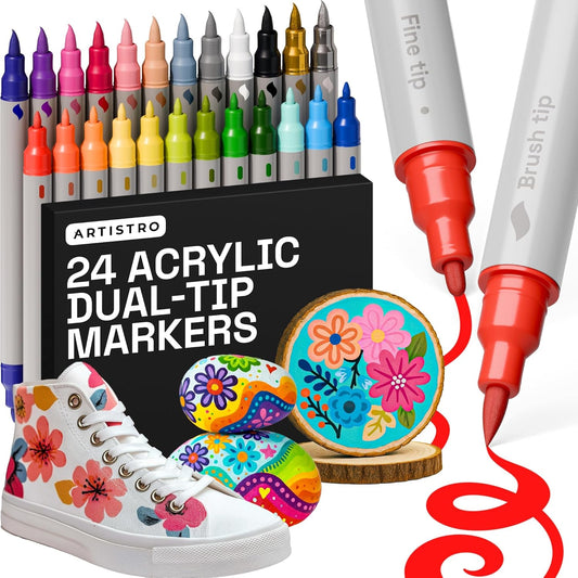 ARTISTRO 24 Dual Tip Fabric Markers - Acrylic Drawing Markers for All Ages & Levels - Fabric Paint Pens for Personalizing Clothes, T Shirts, Bags, Canvas, Textiles (Brush + Fine)