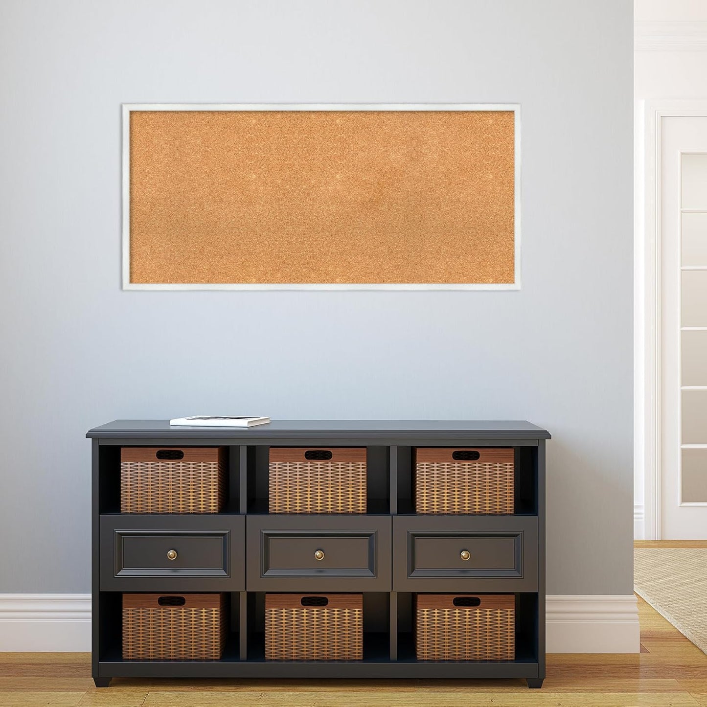Amanti Art Natural Cork Board for Wall, 21x45 Vision Board with White Frame, Oversize Corkboard Office Decor for Home Organization, Country Rustic Corkboard Pinboard to Display Items for Home