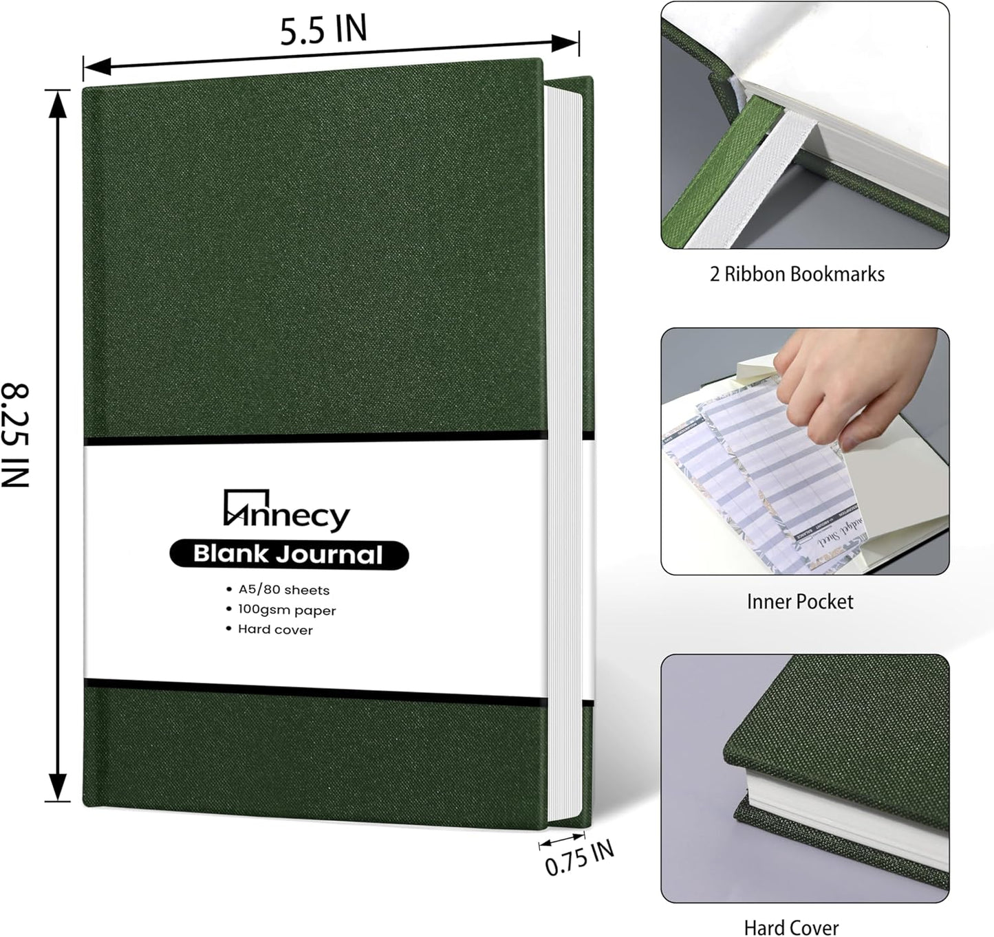 Annecy Blank Journal Notebook, Medium 5.5x 8.25, 160 Pages 100GSM Writing Paper, A5 Deep Green Linen Cover