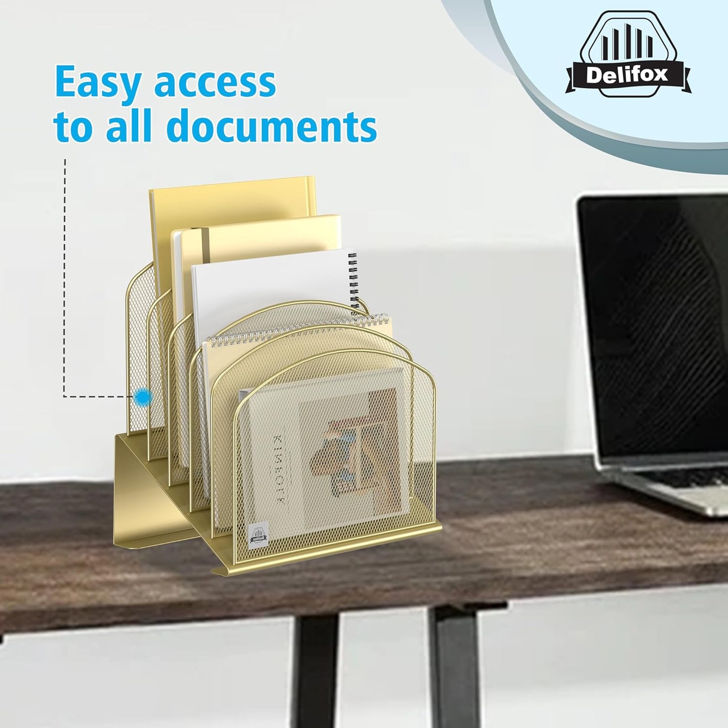 Inclined Desk File Organizer, 5-Section Vertical File Folder Holder Stand Metal Rack File Sorter for Office Classroom Desktop Organization (Gold, 1Pack)