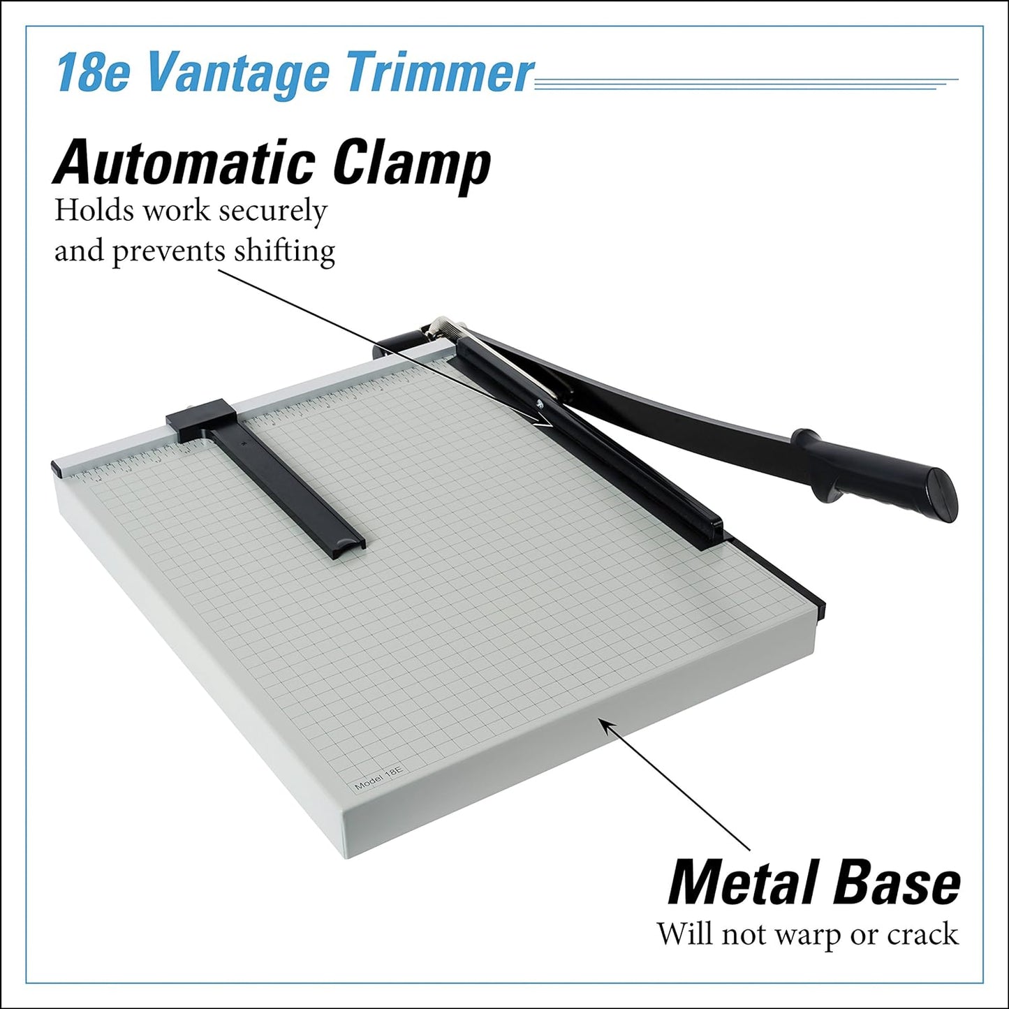 Dahle Vantage 18e Paper Trimmer, 18" Cut Length, 15 Sheet, Automatic Clamp, Adjustable Guide, Metal Base with 1/2" Gridlines, Guillotine Paper Cutter