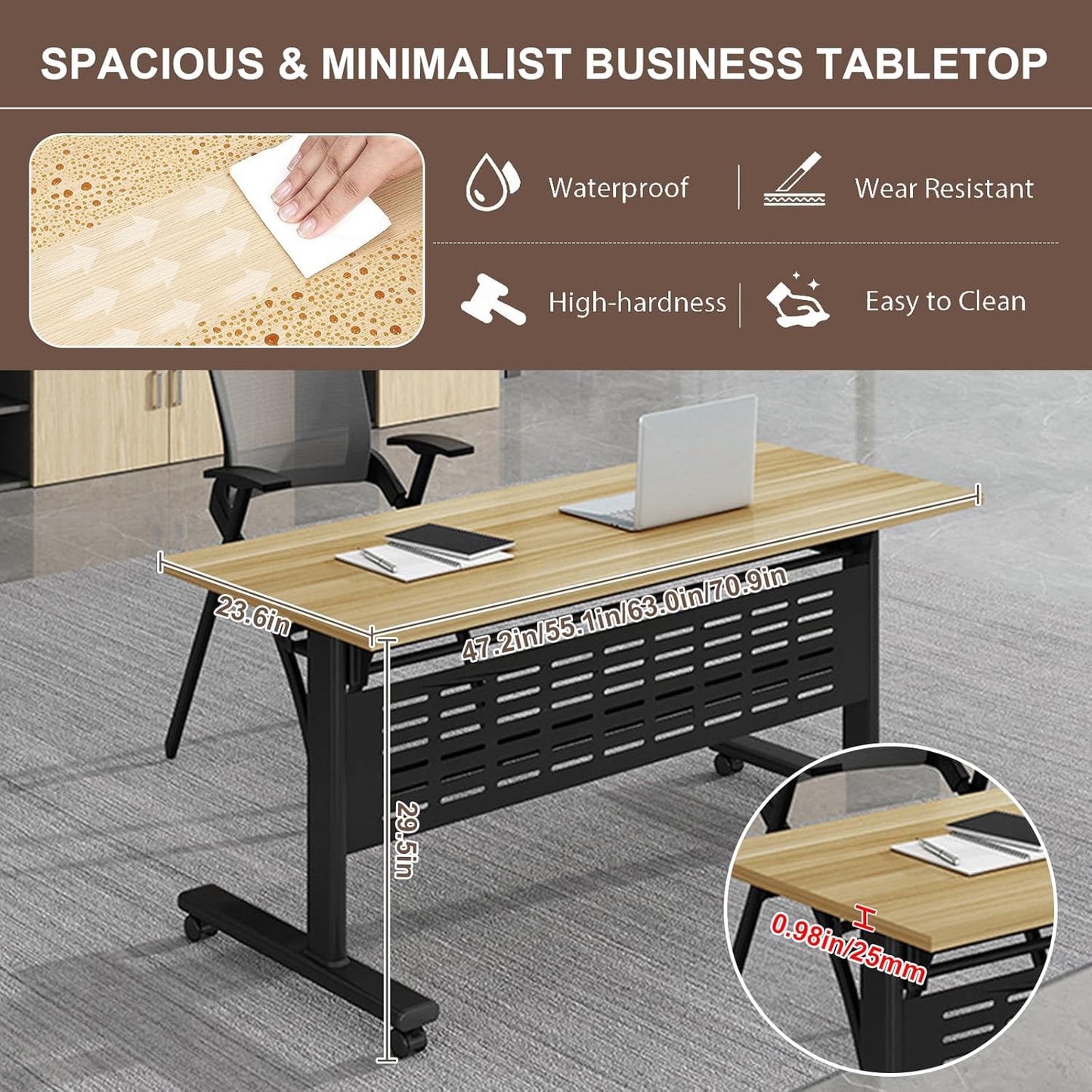 Folding Conference Room Table, Modern Conference Tables with Wheels, Large Rectangular Mobile Training Tables for Office Classroom, Foldable Modular Boardroom Seminar Table Maple (6pack L63in)
