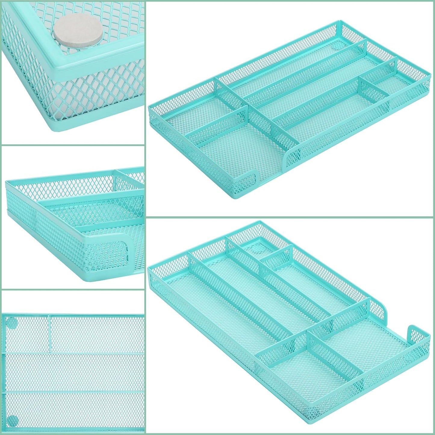 Annova Desk Drawer Organizer Tray for Office Organization - Metal Mesh - Storage Tray with Dividers for Pens, Desktop Accessories, Bathroom, Kitchen, Makeup and Office Supplies (Small, Turquoise)