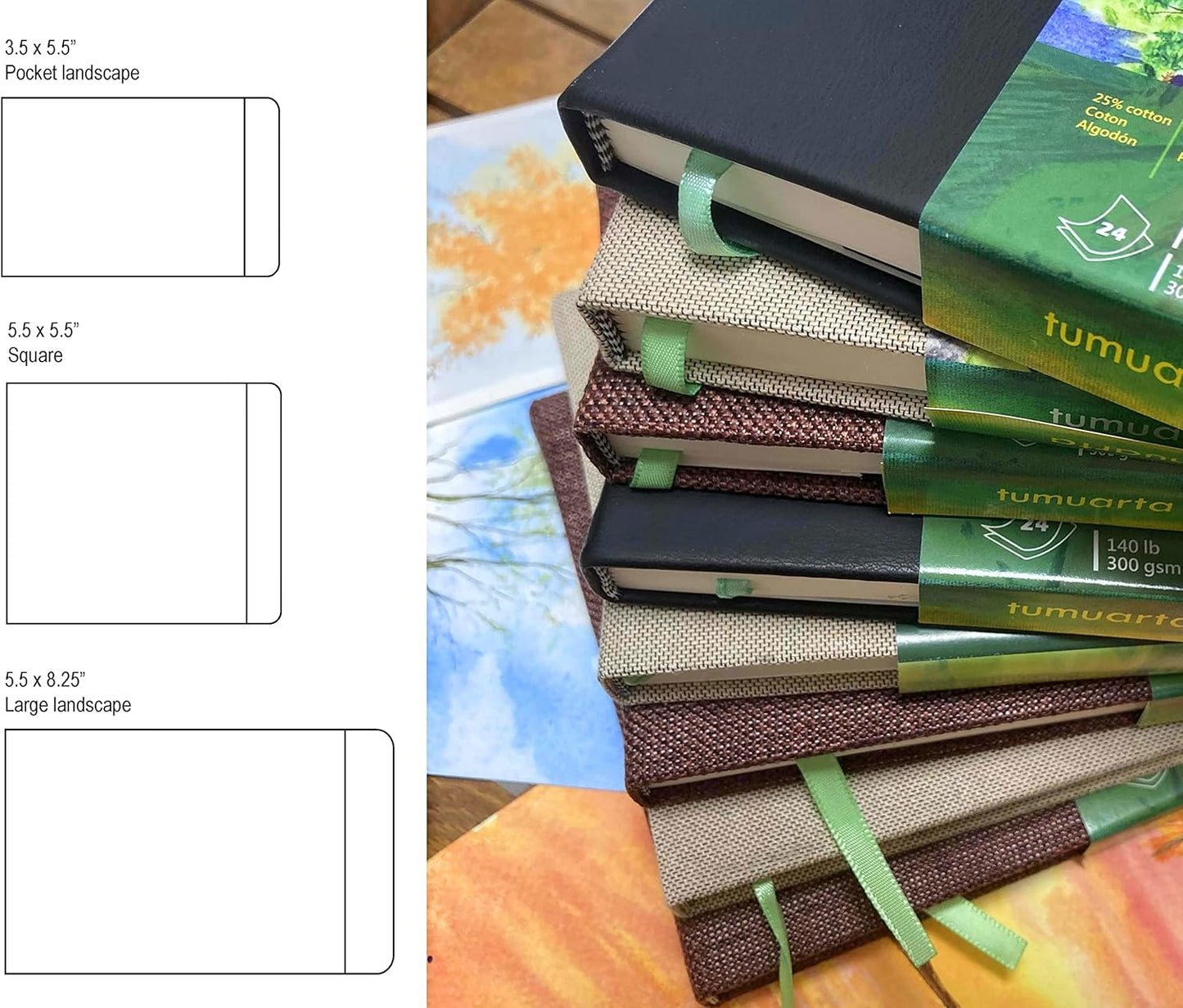 Watercolor Journal, 8.25x5.5, 140 LB, 300 GSM, tumuarta Cotton Paper, Cold Press, 24 Sheets, 48 Pages, Watercolor Paper Sketchbooks for Use As Travel Notebook and Mixed Media Pad