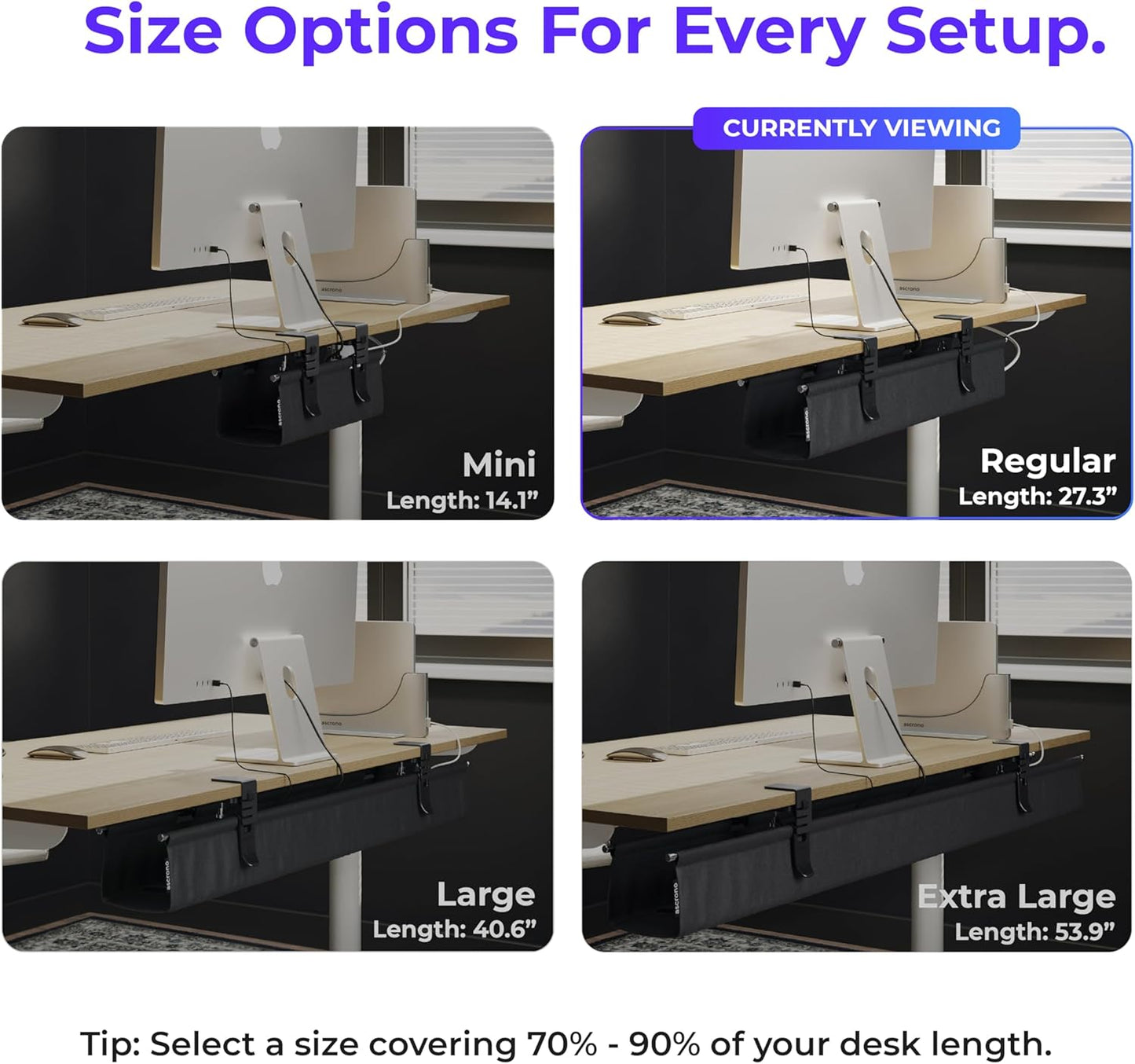 Original No Drill Under Desk Cable Management Tray 27.3" - Premium Black Fabric Cable Management Under Desk - Clamp/Screw Mount Cord Organizer - Supports Upto 66lbs