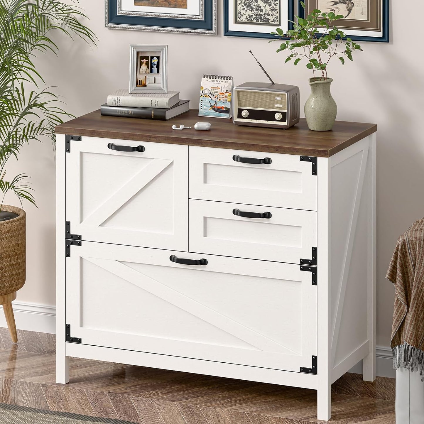 Wood Lateral File Cabinet with 4-Drawer for Hanging Files Letter/A4/Legal Size, Large Farmhouse Filing Cabinets for Home Office, Printer Stand with Office Cabinet, Office Furniture, White and Brown